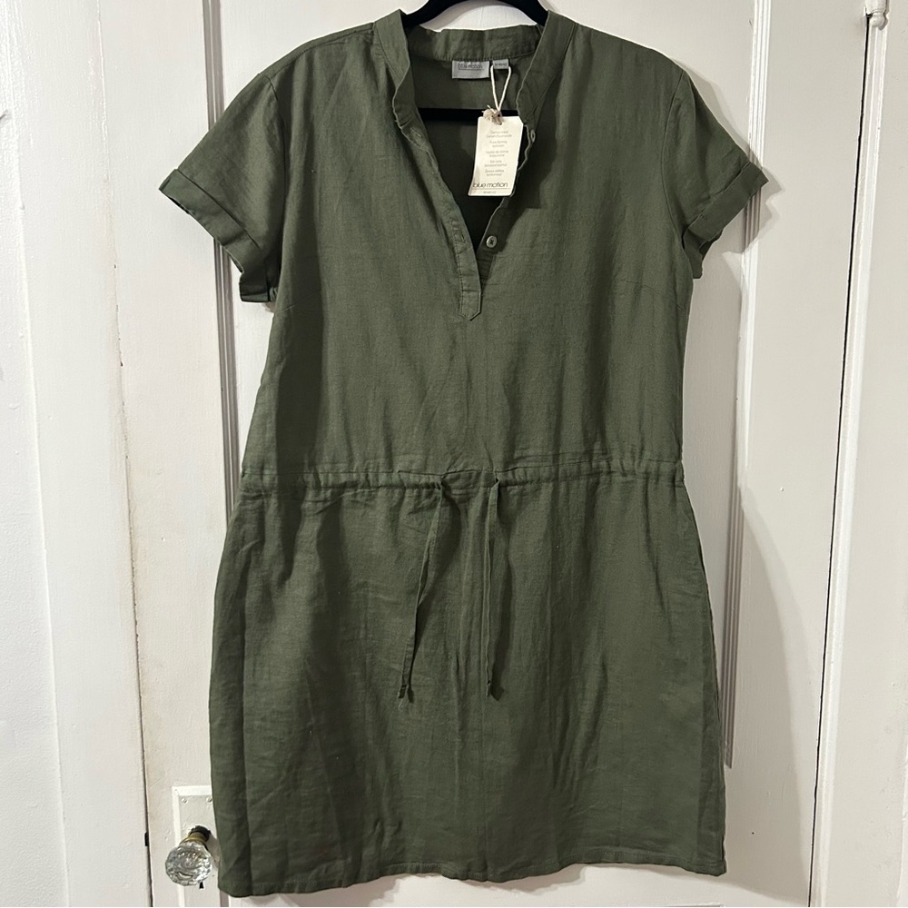 Blue Motion Olive Green Linen Blend Drawstring Waist Short Sleeve Dress SZ M